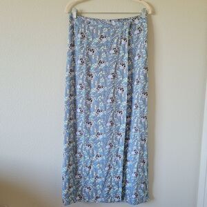 FLAX Blue Sweet Pea Wrap Skirt Size S Lagenlook Floral Rayon Midi Pattern Light